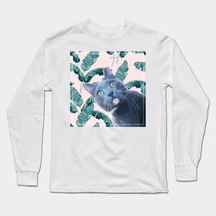 Summer of Roger the Cat Pastel Pink Palm Leaves Long Sleeve T-Shirt